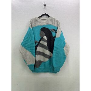 Vintage Handmade Men Blue Gray Black Alpaca Wool Chunky Knit Pullover Sweater XL